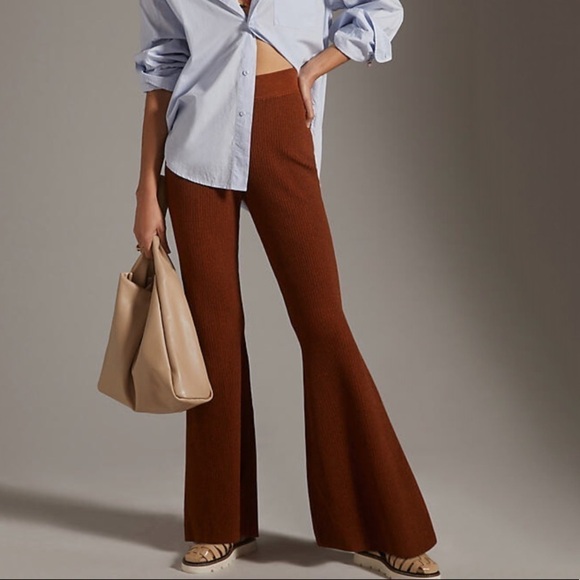 NWT Anthropologie Pilcro Ribbed High Waisted Sweater Flare Pants Ochre - Picture 1 of 6